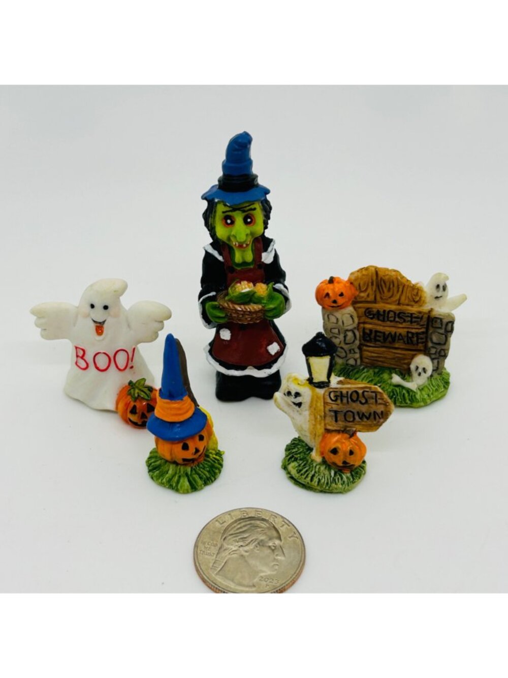 Vintage Miniature Halloween Figurine Village Sign Witch Ghost Pumpkin Tombstone - Picture 2 of 10